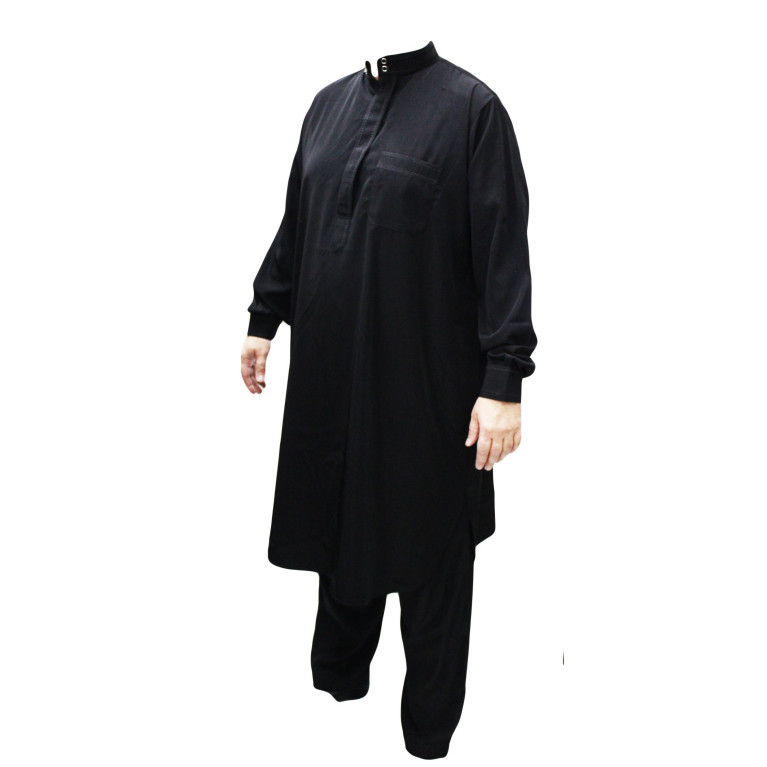 Qamis pakistanais noir avec pantalon Afaq : bouton col et manches