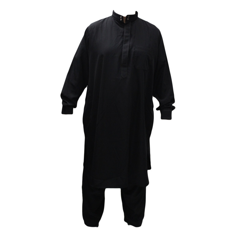 Qamis pakistanais noir avec pantalon Afaq : bouton col et manches