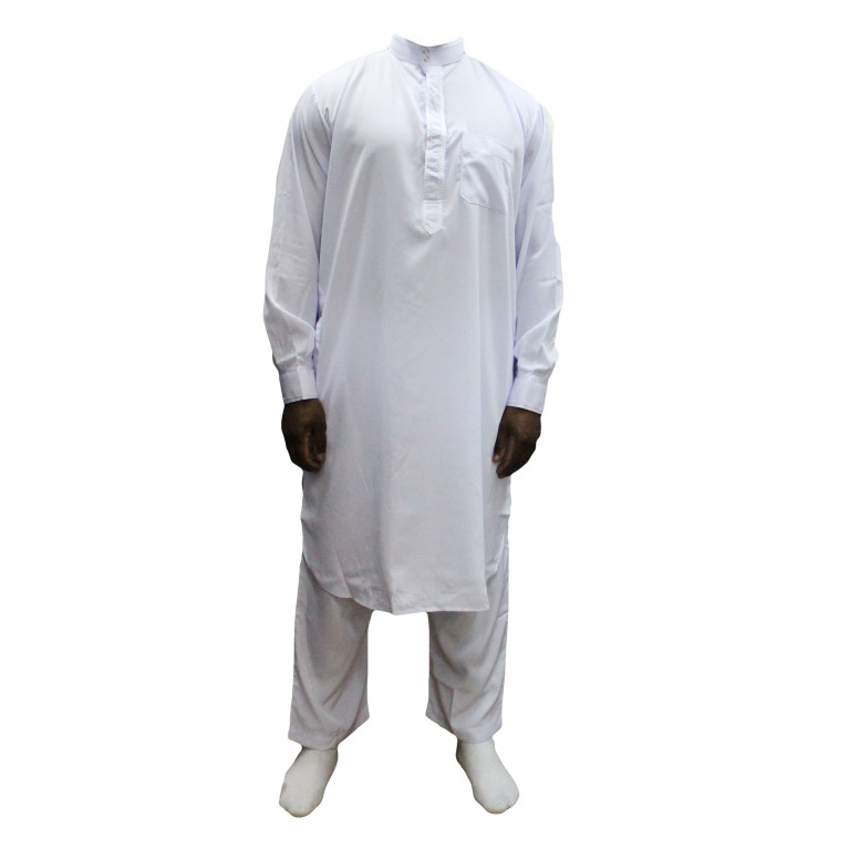 Qamis pakistanais blanc avec pantalon Afaq : bouton col et manches