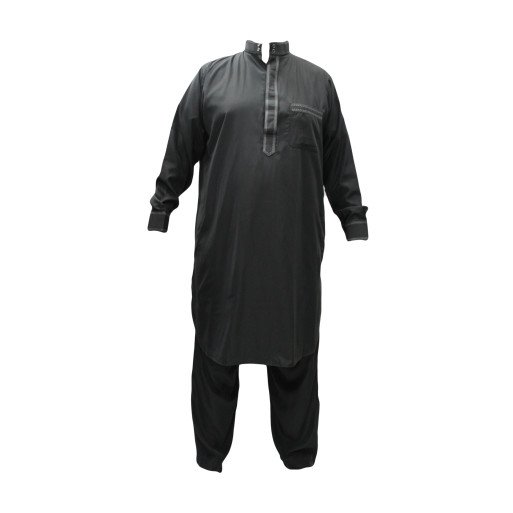 Qamis pakistanais gris avec pantalon Afaq : bouton col et manches