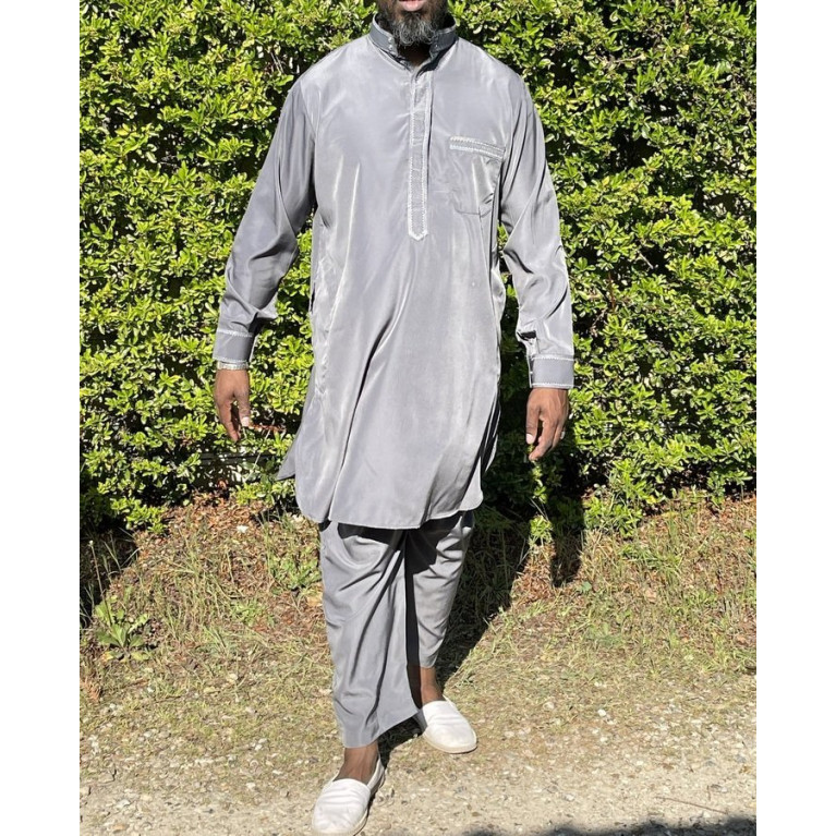 Qamis Pakistanais à Col - Tissu Satin Gris - Qamis Court + Pantalon - Afaq