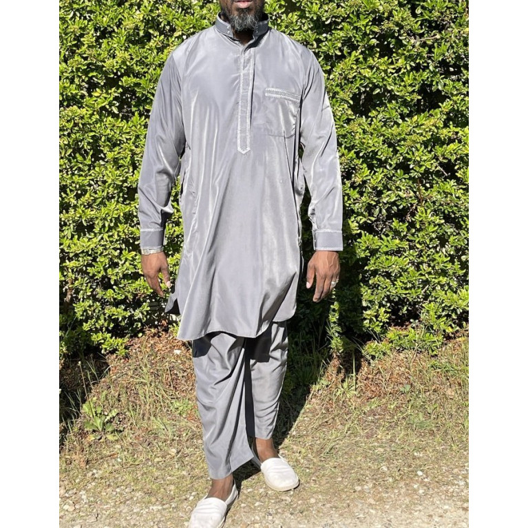 Qamis Pakistanais à Col - Tissu Satin Gris - Qamis Court + Pantalon - Afaq