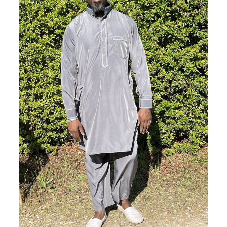 Qamis Pakistanais à Col - Tissu Satin Gris - Qamis Court + Pantalon - Afaq