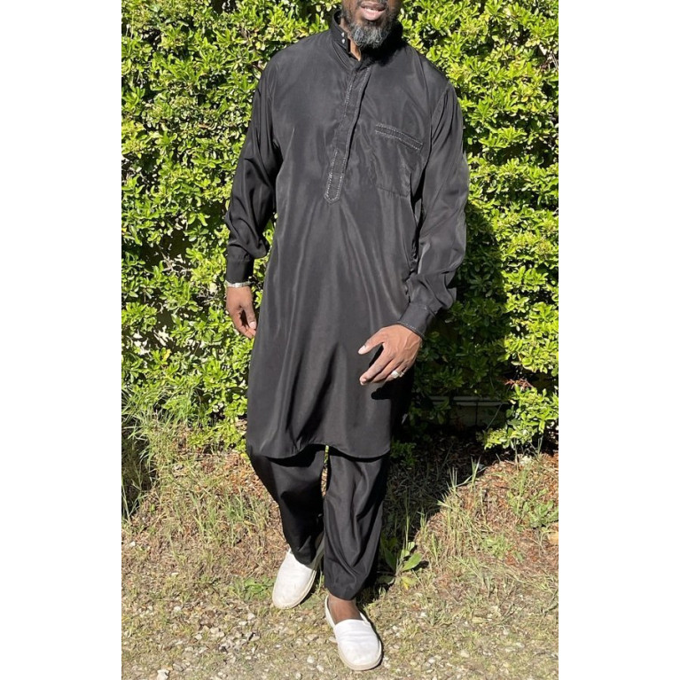 Qamis Pakistanais à Col - Tissu Satin Noir - Qamis Court + Pantalon - Afaq