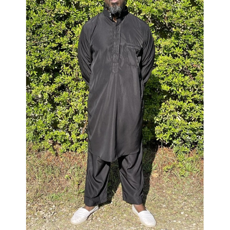 Qamis Pakistanais à Col - Tissu Satin Noir - Qamis Court + Pantalon - Afaq