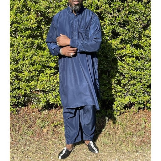 Qamis Pakistanais à Col - Tissu Satin Bleu - Qamis Court + Pantalon - Afaq