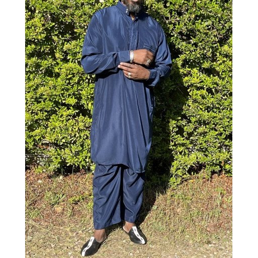 Qamis Pakistanais à Col - Tissu Satin Bleu - Qamis Court + Pantalon - Afaq