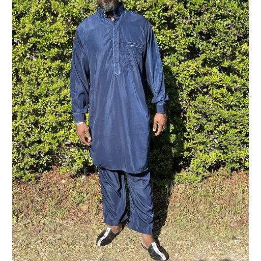 Qamis Pakistanais à Col - Tissu Satin Bleu - Qamis Court + Pantalon - Afaq