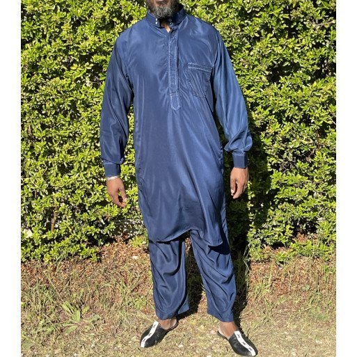 Qamis Pakistanais à Col - Tissu Satin Bleu - Qamis Court + Pantalon - Afaq