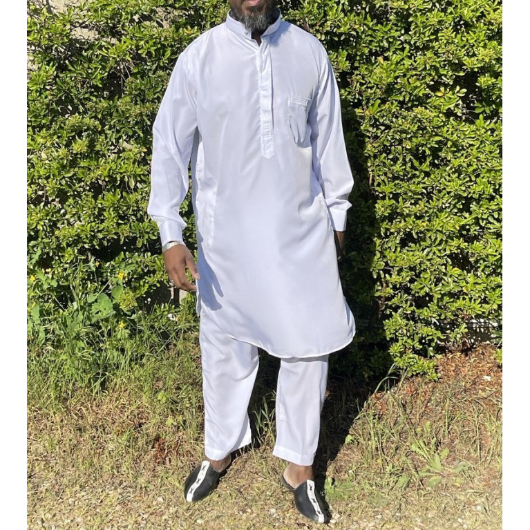 Qamis Pakistanais à Col - Tissu Satin Blanc - Qamis Court + Pantalon - Afaq