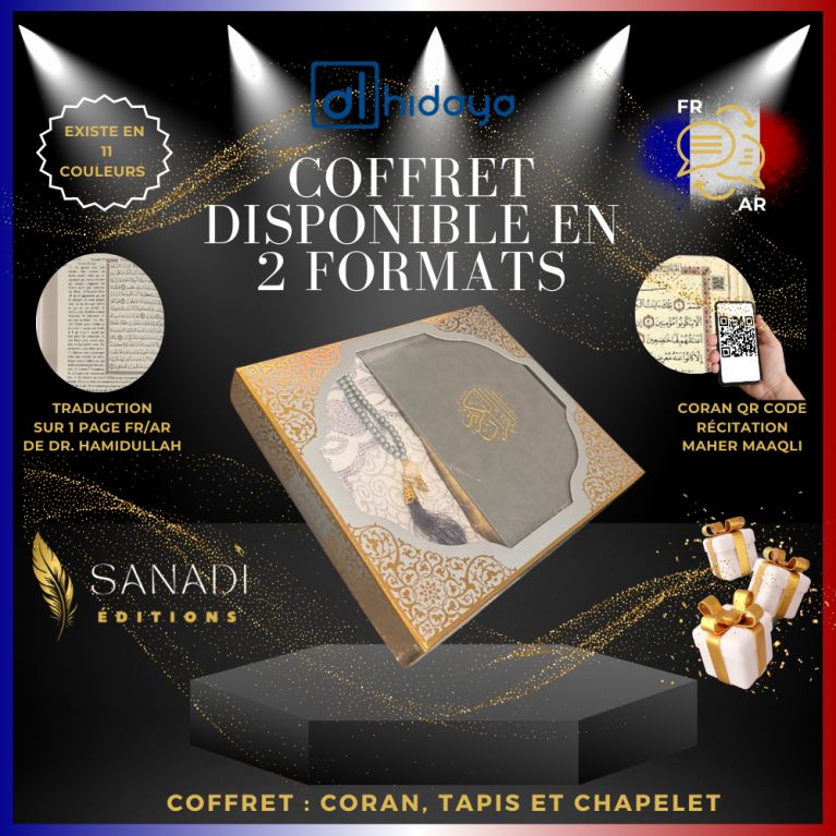 Coffret Coran de Luxe : Coran Fr/Ar, Tapis et Chapelet - Arabe Hafs - QR Code Inclus - Gris - 2 Formats - Editions Sana