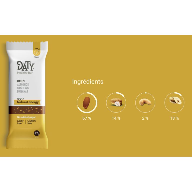 Barre Énergisante 100% Naturelle - 47g | Sans Gluten, Sans Sucres Ajoutés - Daty