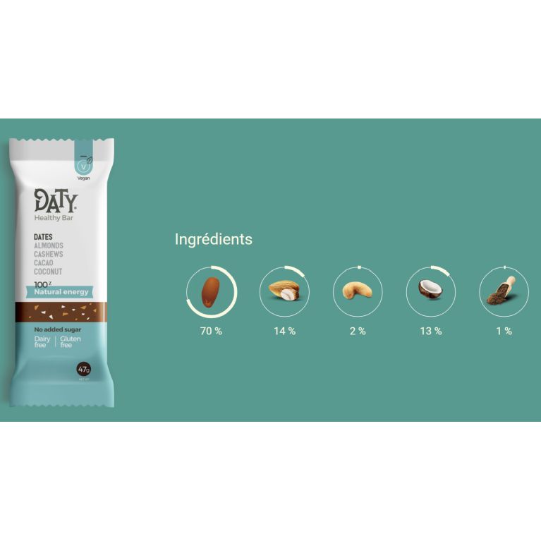 Barre Énergisante 100% Naturelle - 47g | Sans Gluten, Sans Sucres Ajoutés - Daty