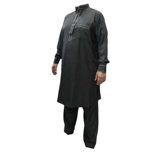 Qamis pakistanais gris avec pantalon Afaq : bouton col et manches