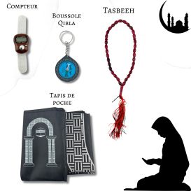 Mon Pack Prière Portable:Tasbîh Electronique, chapelet, boussole Qibla et tapis de prière de poche.