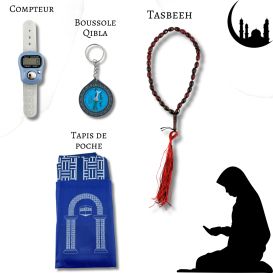 Mon Pack Prière Portable:Tasbîh Electronique, chapelet, boussole Qibla et tapis de prière de poche.