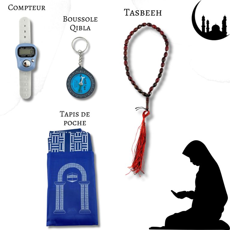 Mon Pack Prière Portable:Tasbîh Electronique, chapelet, boussole Qibla et tapis de prière de poche.