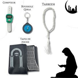 Mon Pack Prière Portable:Tasbîh Electronique, chapelet, boussole Qibla et tapis de prière de poche.