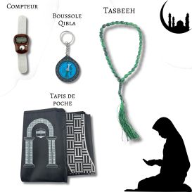 Mon Pack Prière Portable:Tasbîh Electronique, chapelet, boussole Qibla et tapis de prière de poche.