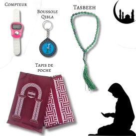 Mon Pack Prière Portable:Tasbîh Electronique, chapelet, boussole Qibla et tapis de prière de poche.