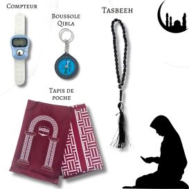 Mon Pack Prière Portable:Tasbîh Electronique, chapelet, boussole Qibla et tapis de prière de poche.