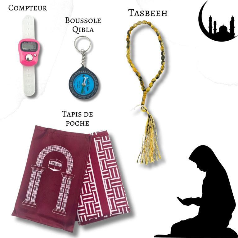 Mon Pack Prière Portable:Tasbîh Electronique, chapelet, boussole Qibla et tapis de prière de poche.