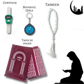 Mon Pack Prière Portable:Tasbîh Electronique, chapelet, boussole Qibla et tapis de prière de poche.