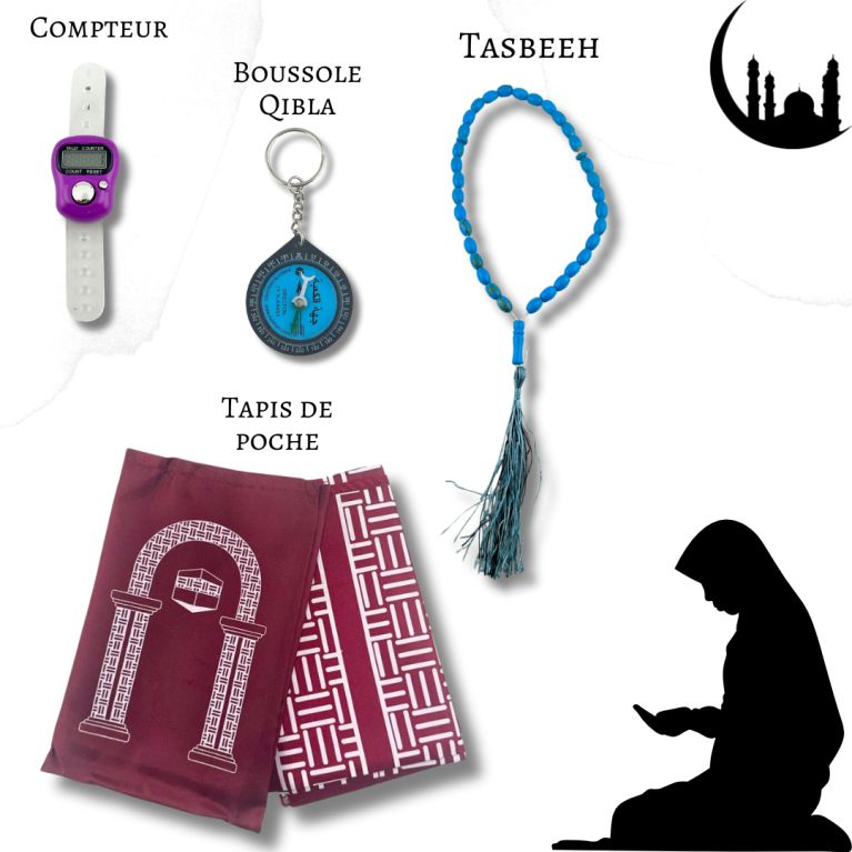 Mon Pack Prière Portable:Tasbîh Electronique, chapelet, boussole Qibla et tapis de prière de poche.