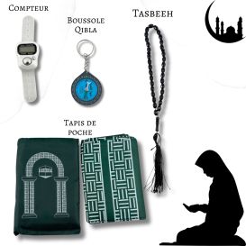 Mon Pack Prière Portable:Tasbîh Electronique, chapelet, boussole Qibla et tapis de prière de poche.