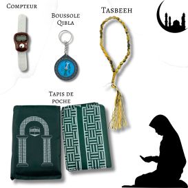 Mon Pack Prière Portable:Tasbîh Electronique, chapelet, boussole Qibla et tapis de prière de poche.