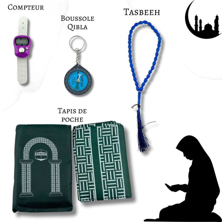 Mon Pack Prière Portable:Tasbîh Electronique, chapelet, boussole Qibla et tapis de prière de poche.