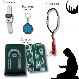 Mon Pack Prière Portable:Tasbîh Electronique, chapelet, boussole Qibla et tapis de prière de poche.