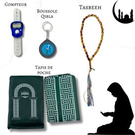 Mon Pack Prière Portable:Tasbîh Electronique, chapelet, boussole Qibla et tapis de prière de poche.