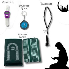 Mon Pack Prière Portable:Tasbîh Electronique, chapelet, boussole Qibla et tapis de prière de poche.