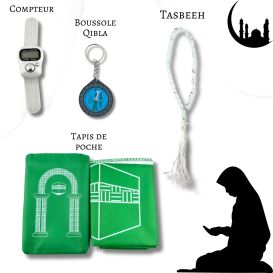 Mon Pack Prière Portable:Tasbîh Electronique, chapelet, boussole Qibla et tapis de prière de poche.