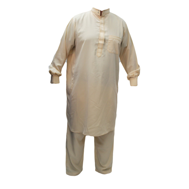 Qamis pakistanais beige avec pantalon Afaq : bouton col et manches