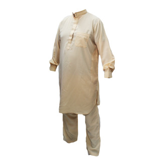 Qamis pakistanais beige avec pantalon Afaq : bouton col et manches