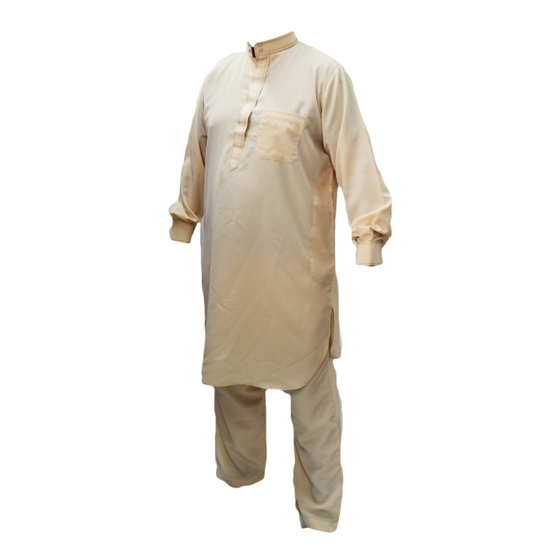 Qamis pakistanais beige avec pantalon Afaq : bouton col et manches